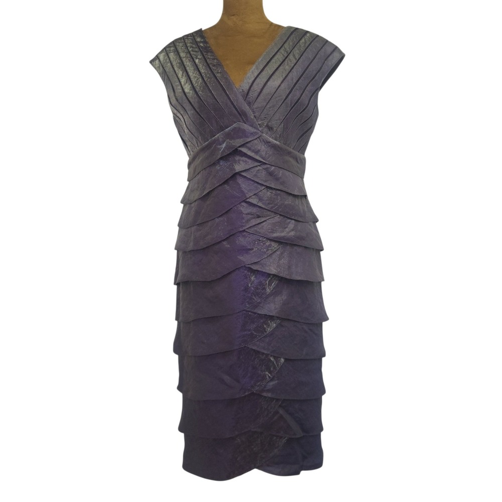 Cache Purple Metallic Tiered V-Neck Cocktail Sheath Dress Womens 10 Shimmer
